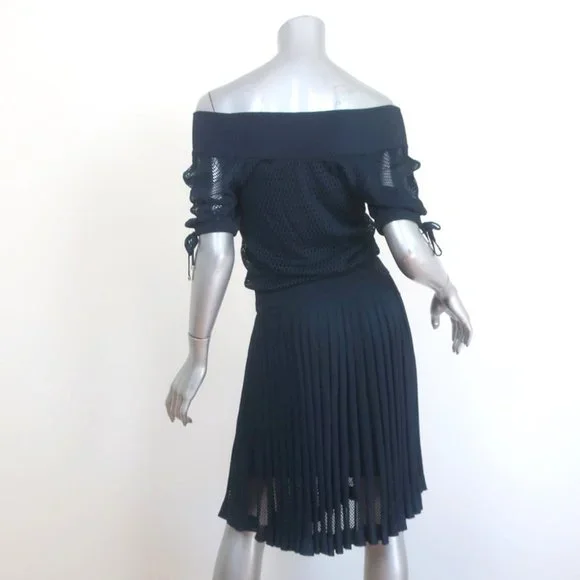 GUCCI TOM FORD OFF-SHOULDER BAMBOO TASSEL DRESS NAVY PLEATED MESH SIZE MEDIUM - Picture 6 of 8